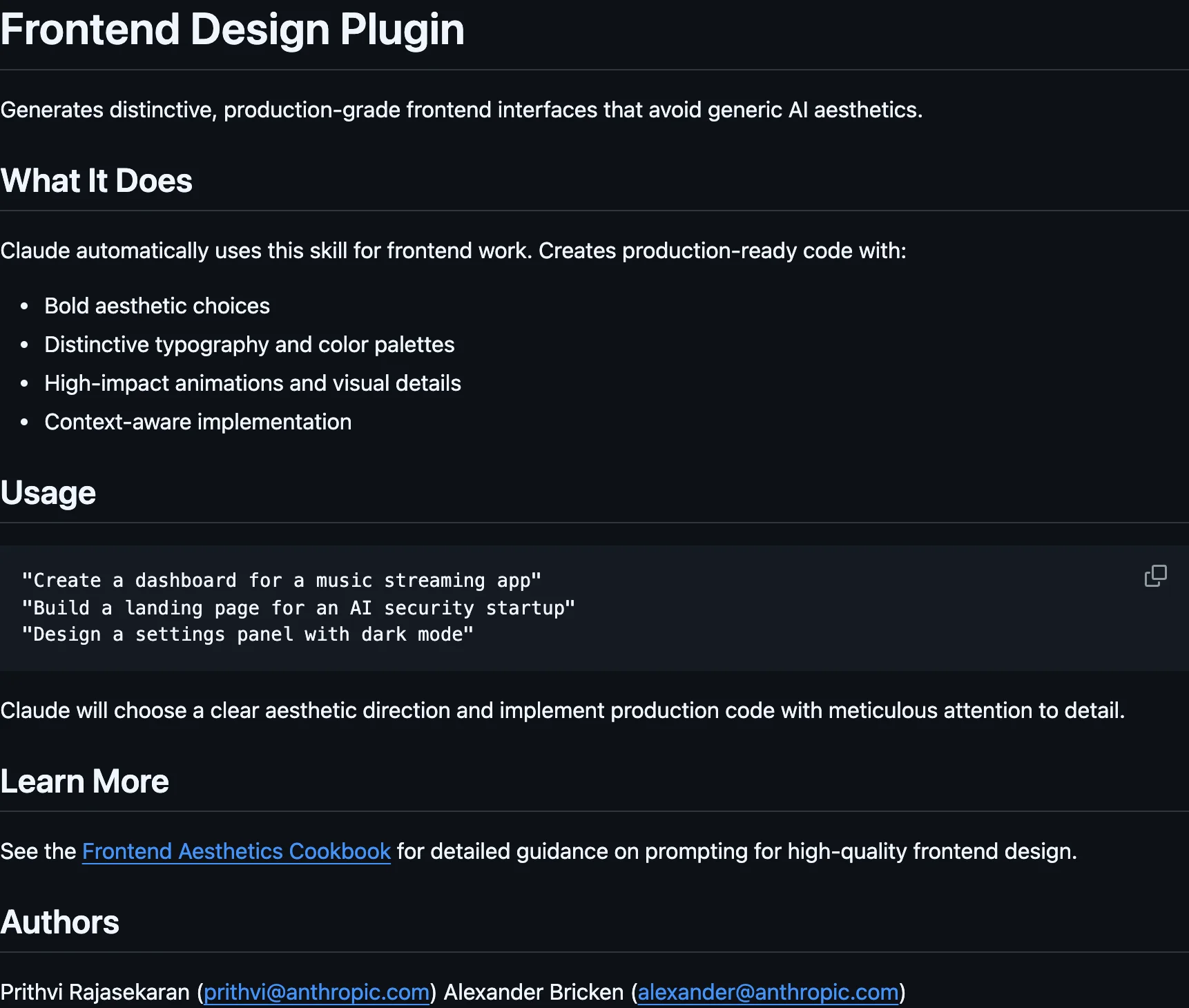 The frontend-design plugin README inside Anthropic's claude-plugins-official repository on GitHub
