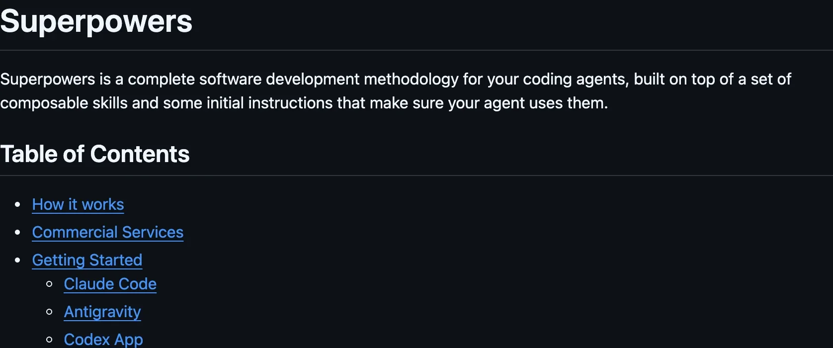 The Superpowers README on GitHub, describing it as a complete software development methodology for coding agents built on composable skills