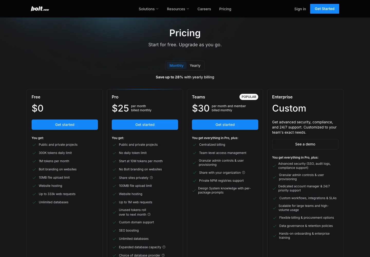Bolt.new pricing page viewed signed out, showing Free, Pro at $25, Teams at $30 and Enterprise, with no token tier selector on any card