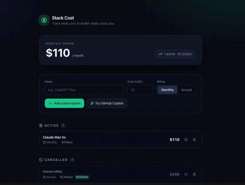 The subscription tracker app Bolt.new built, showing both the annual price and the derived monthly badge