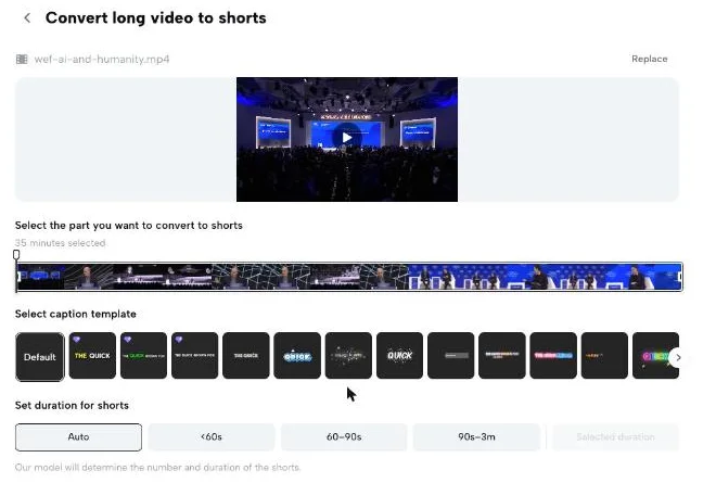 CapCut's Convert long video to shorts screen with Auto, under 60s, 60–90s and 90s–3m duration options