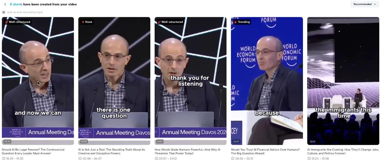 CapCut's results page headed "8 shorts have been created from your video", showing five vertical clips tagged Well-structured, Hook, Well-structured, Trending and untagged, each with a duration and a source time range