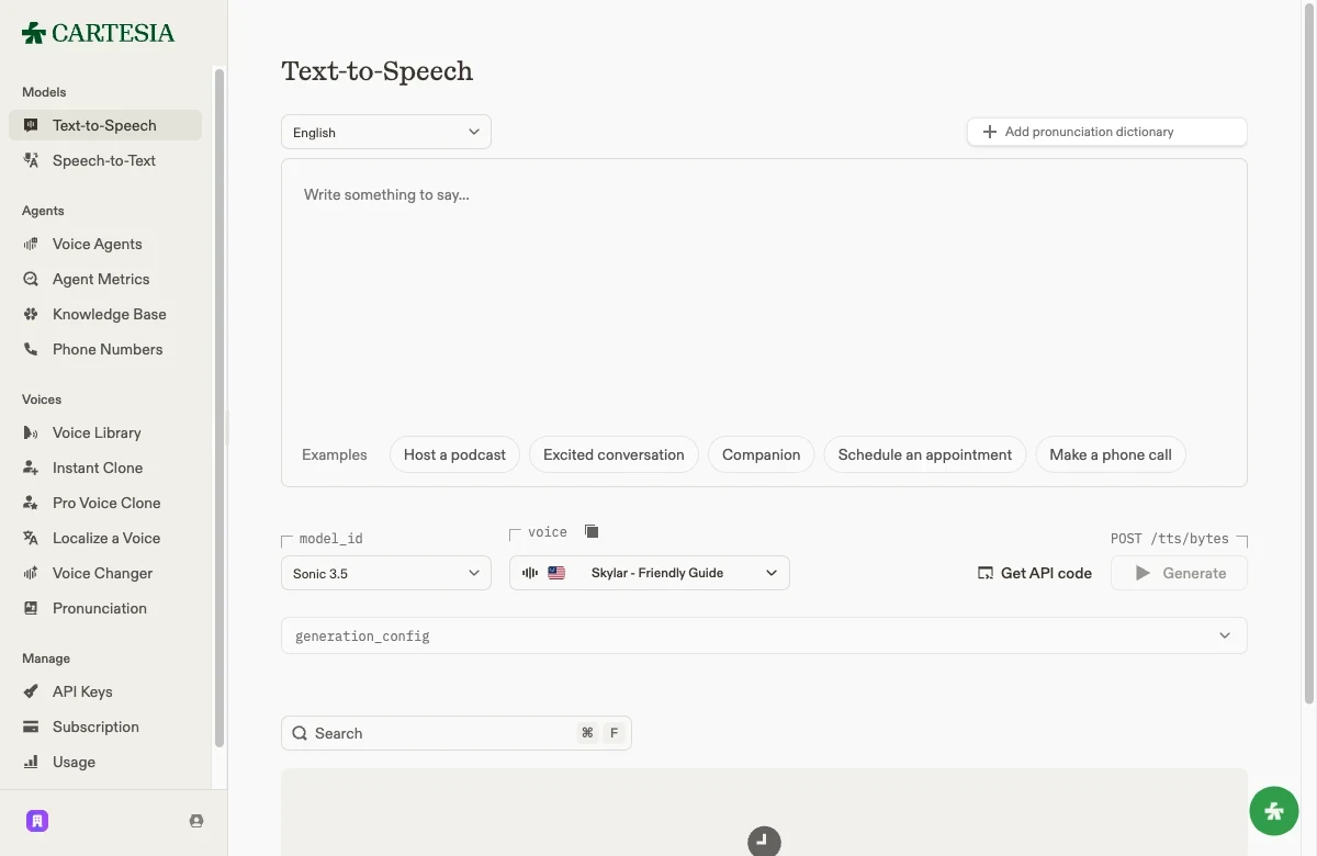 The Cartesia Text-to-Speech playground: language, voice picker, Sonic model selector, and a one-click Get API code button