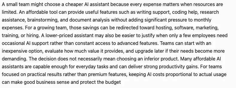 Screenshot of ChatGPT's constrained writing answer, 158 words, normally punctuated, ending on the word budget