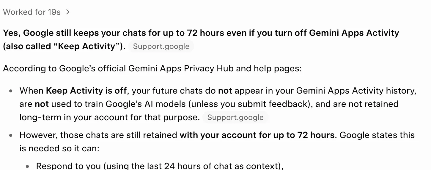 Screenshot of Grok correctly stating the same 72-hour retention, citing Google's support pages after opening them