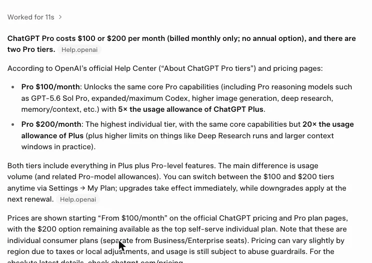 Screenshot of Grok answering the same question correctly, citing OpenAI's help centre and pricing pages