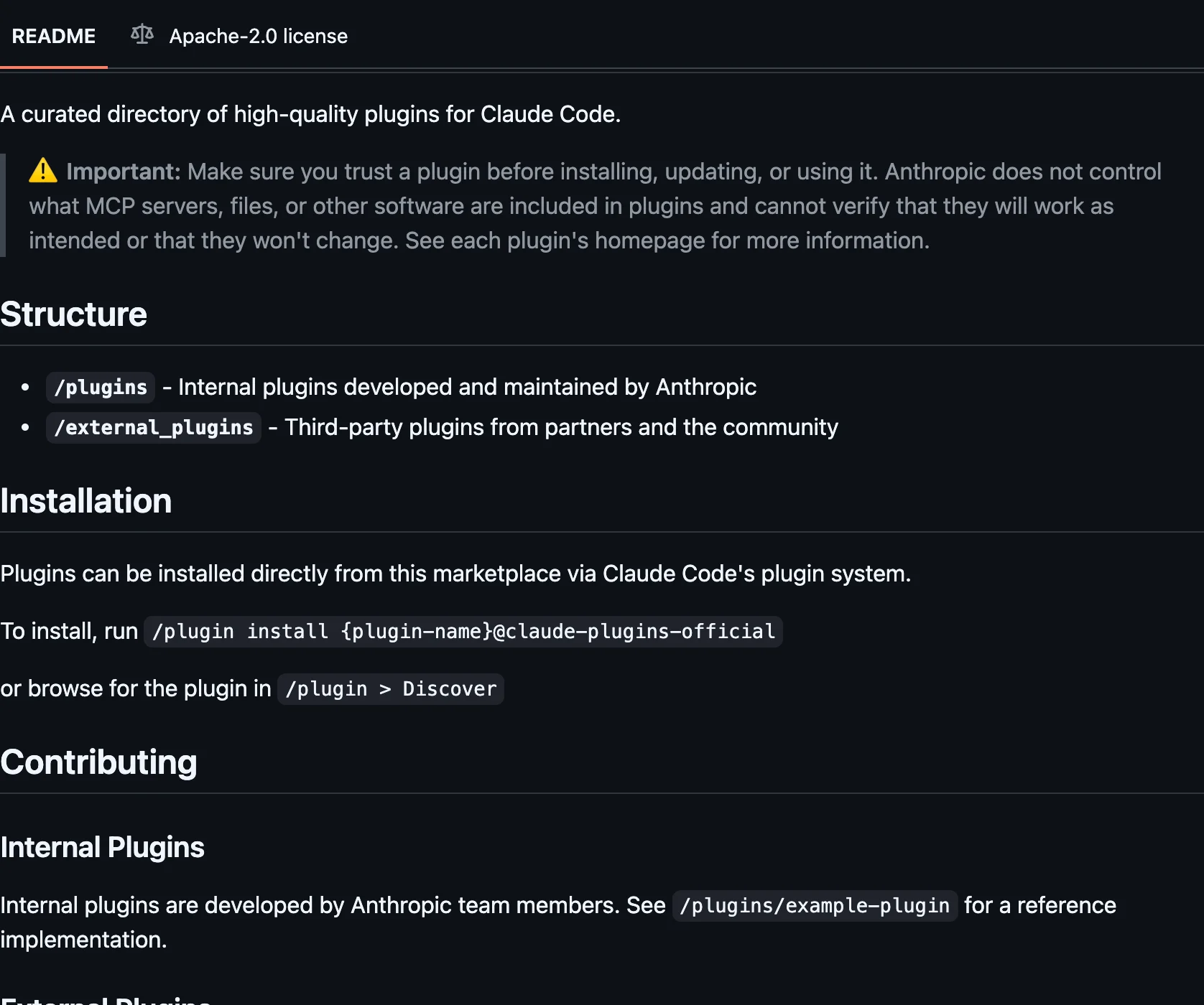 The claude-plugins-official README on GitHub, the repository that holds the official marketplace manifest
