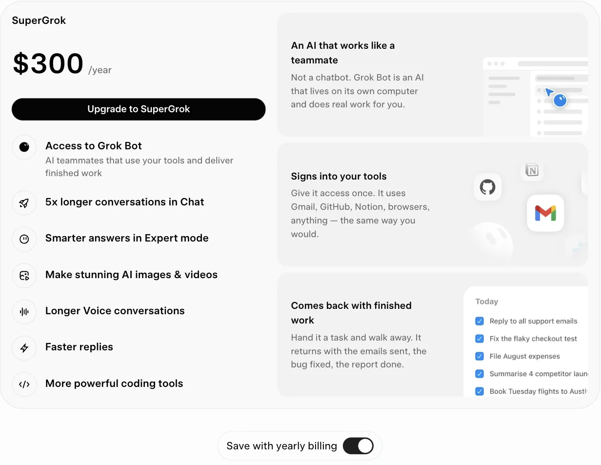 Screenshot of Grok's SuperGrok upgrade screen showing three hundred dollars per year with the yearly billing toggle enabled