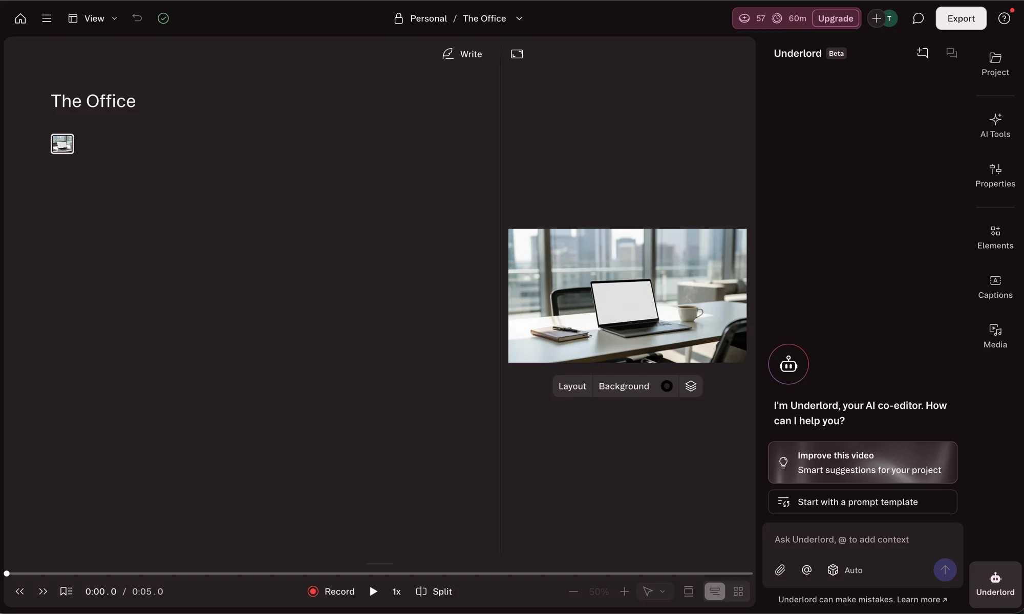 The Descript editor with the Underlord AI co-editor open in the right sidebar, offering to improve the video