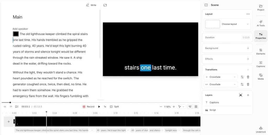 Descript's transcript editor, where deleting words in the text removes the matching audio and video