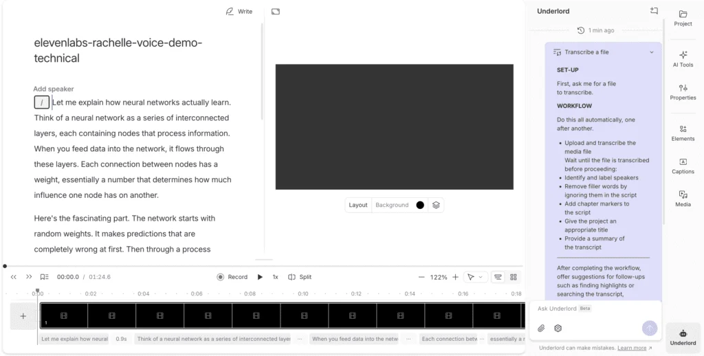 Descript's transcription view, the backbone of its text-based editing