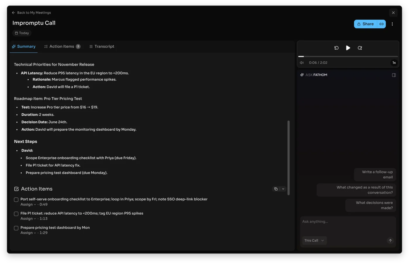Fathom's Action Items: each task timestamped to its moment in the recording and assignable to a person