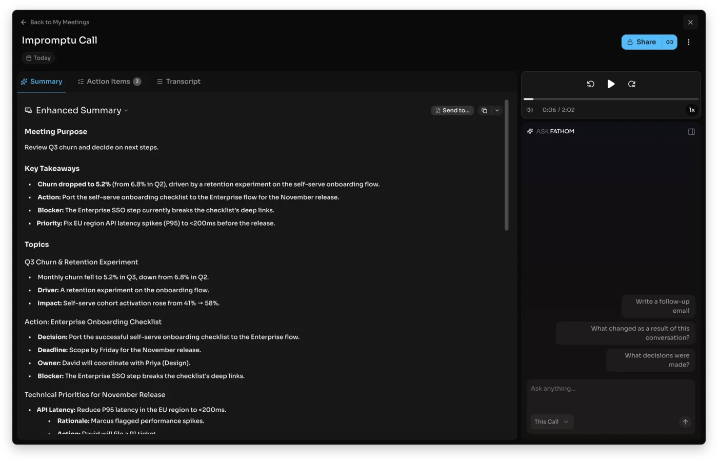 Fathom's structured Enhanced Summary and Ask Fathom panel from the same test meeting