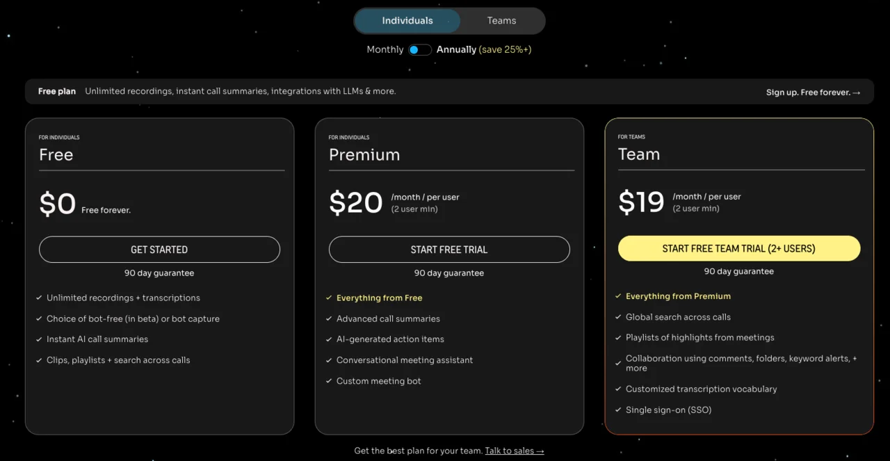 Fathom's pricing tiers next to its feature set