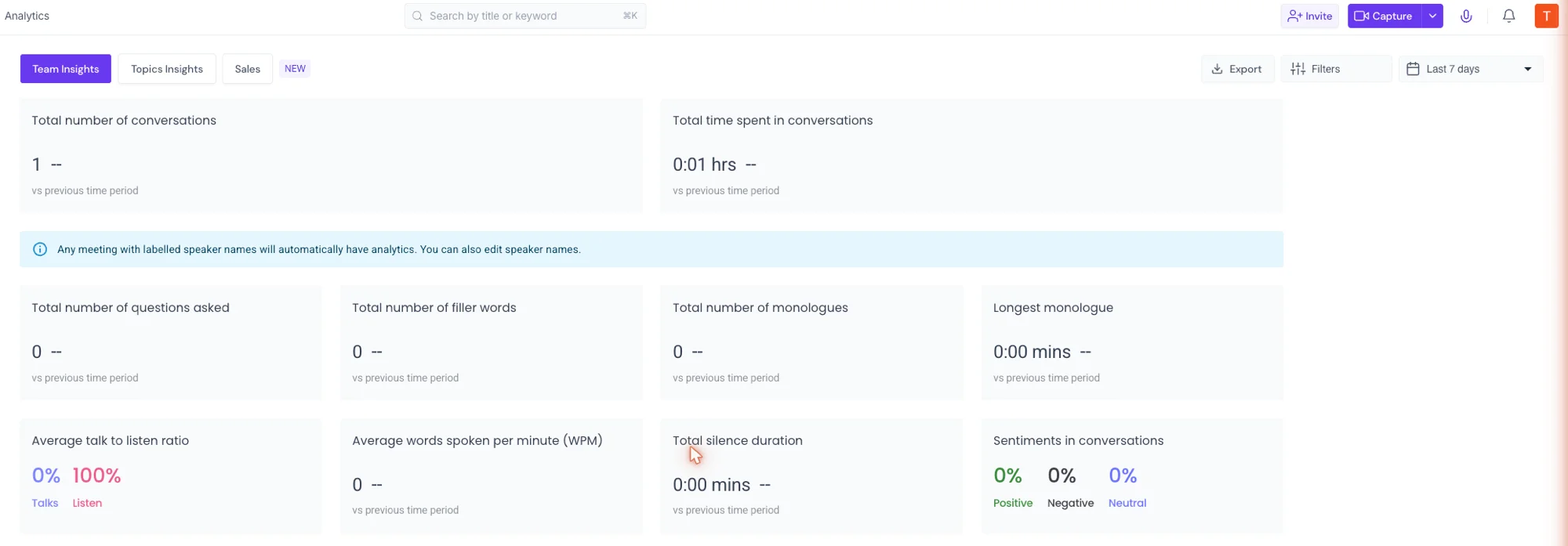 Fireflies' Team Insights analytics dashboard: cards for talk-to-listen ratio, words per minute, filler words, monologues, silence, and sentiment, with Team, Topics, and Sales views