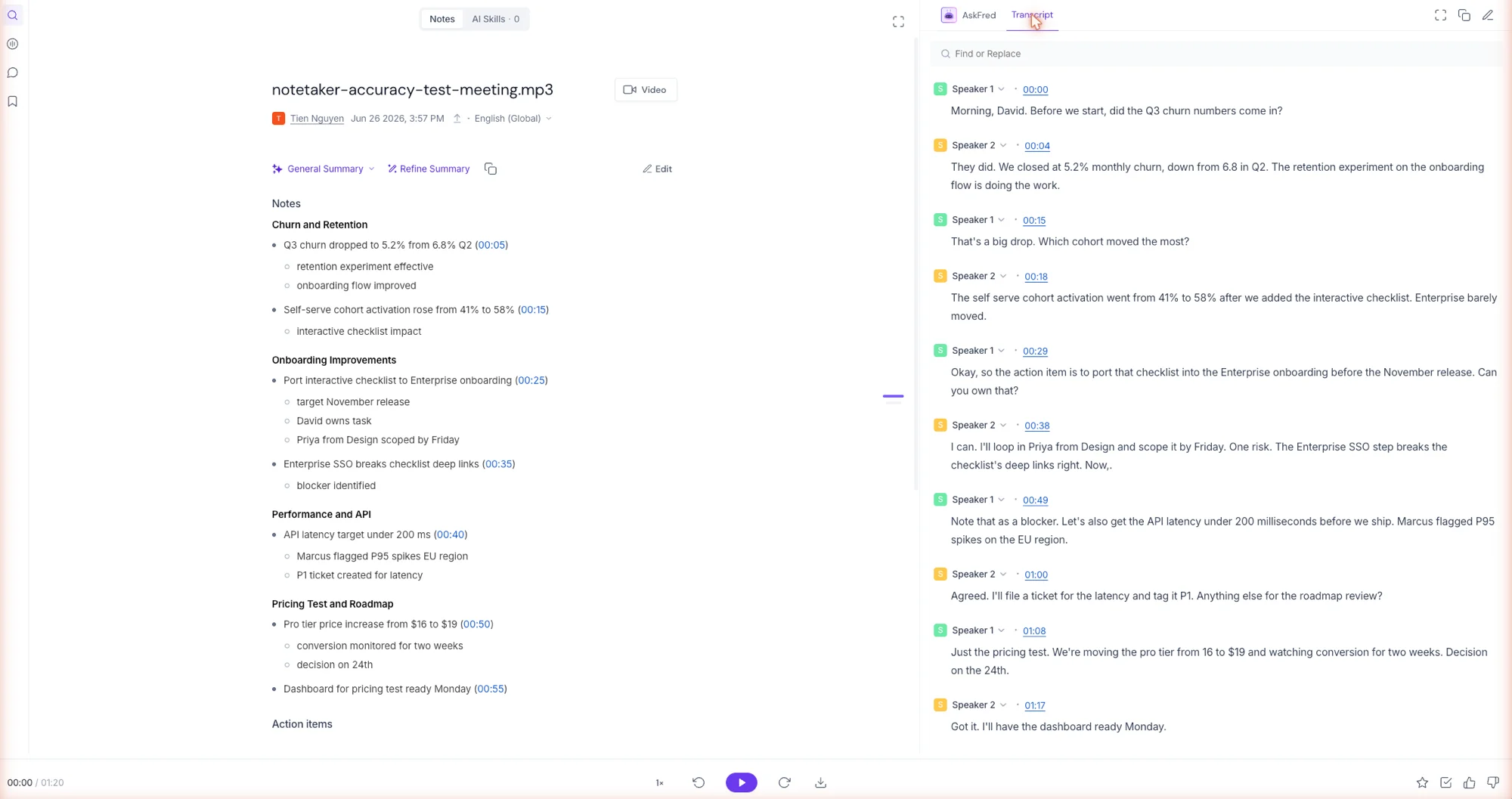 Fireflies' timestamped topic summary and diarized transcript from the same test meeting