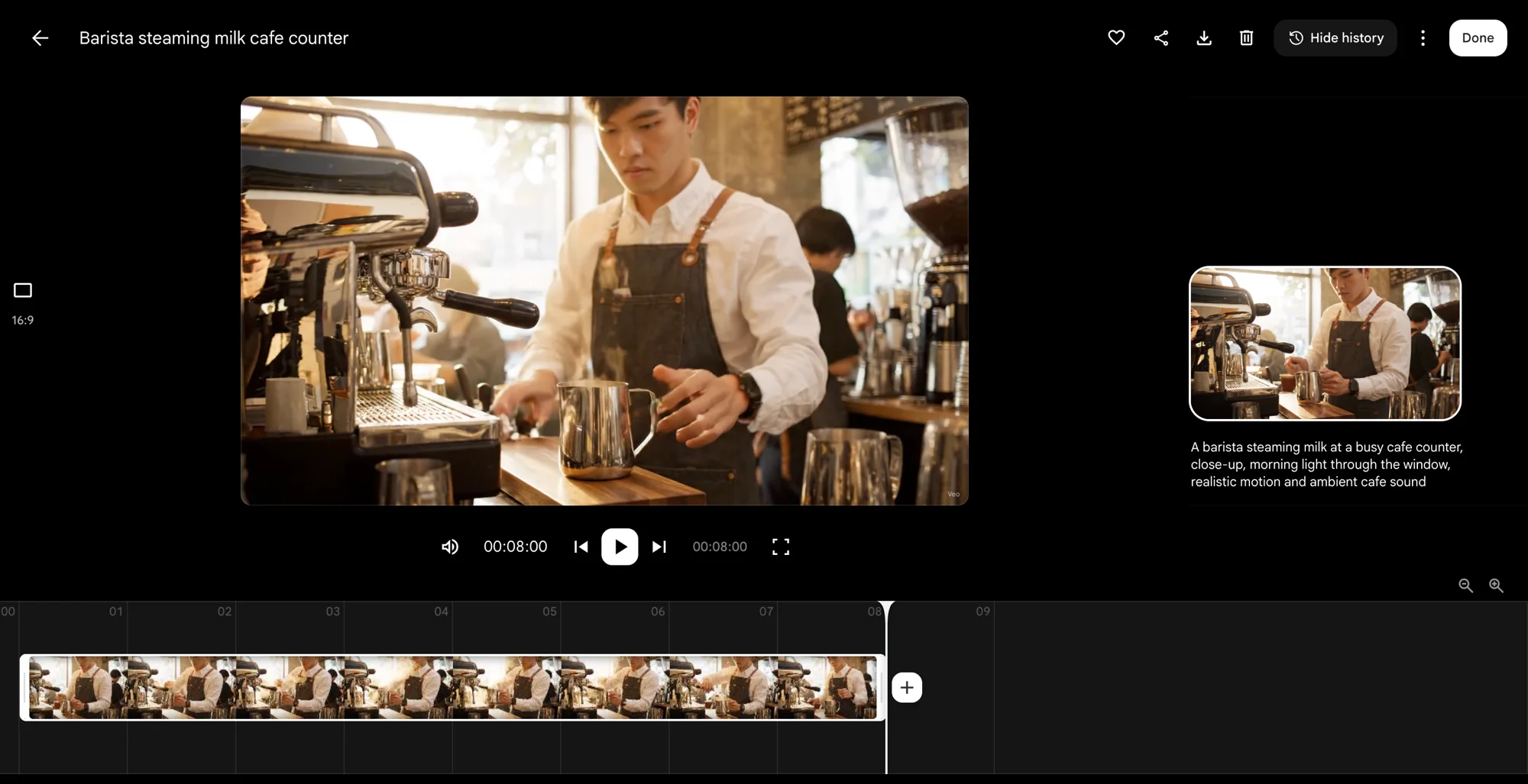 The Google Flow editor with the generated barista clip on an 8-second timeline and the generating prompt in the side panel