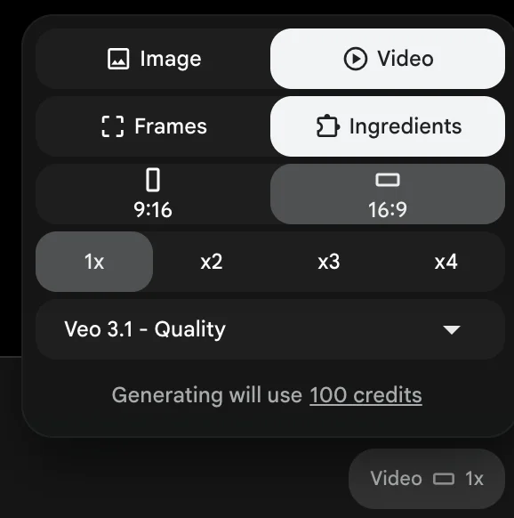 Google Flow showing Veo 3.1 Quality selected with a 100-credit cost for a single 8-second clip, ten times the Lite tier