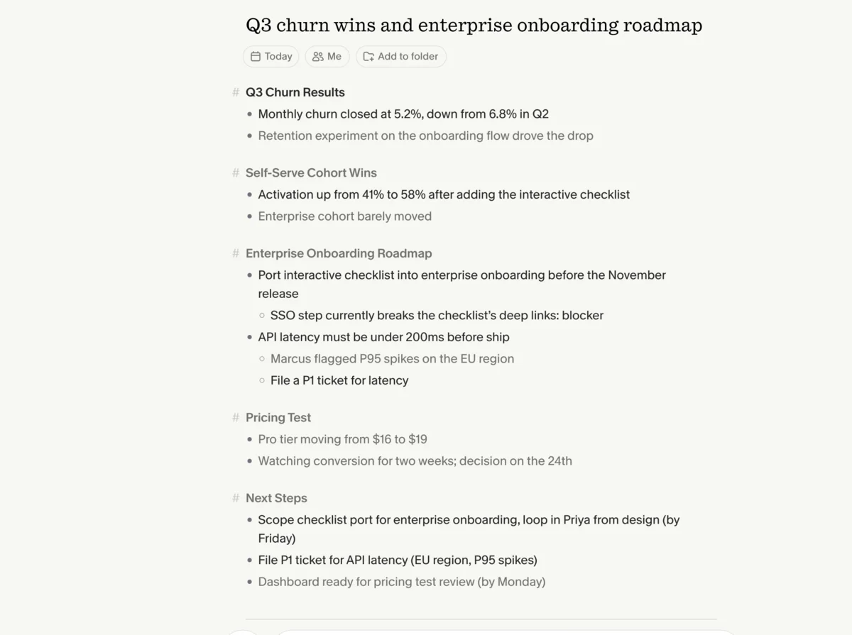 Granola's Enhance notes turning six rough bullets into a structured summary with sections and a Next Steps block