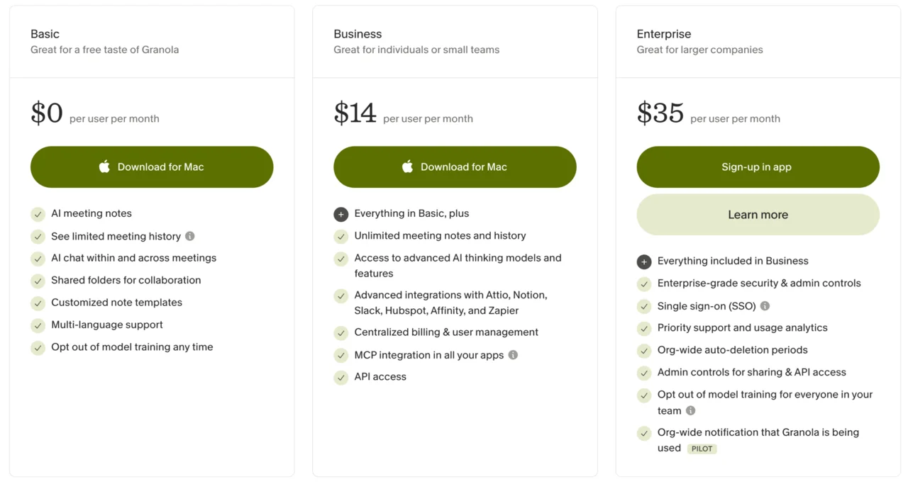 Granola's three pricing plans: Basic free, Business $14 per user, and Enterprise $35 per user