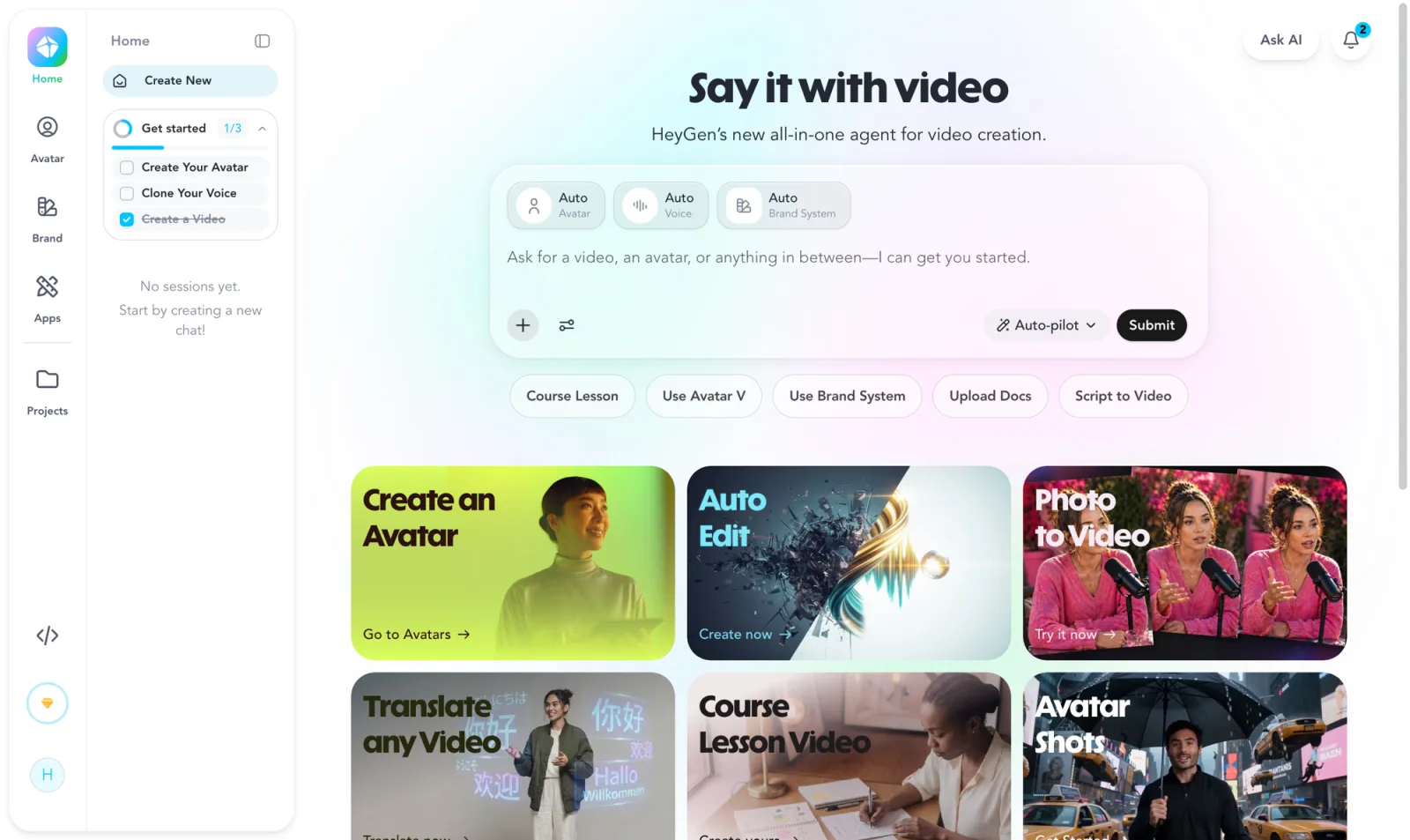 HeyGen's dashboard home, showing the Say it with video agent prompt above a grid of tools: Create an Avatar, Auto Edit, Photo to Video, Translate any Video, Course Lesson Video, and Avatar Shots