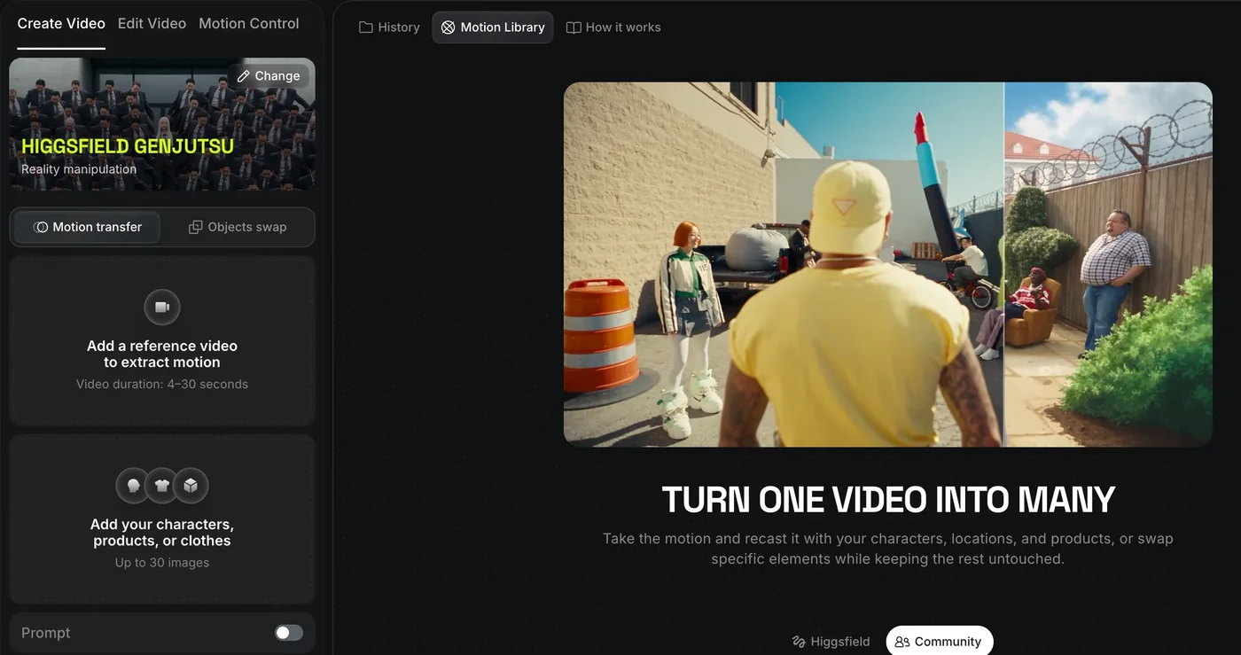 The Higgsfield Create Video panel with the Genjutsu model selected, showing the reference-video upload and the character and product slots