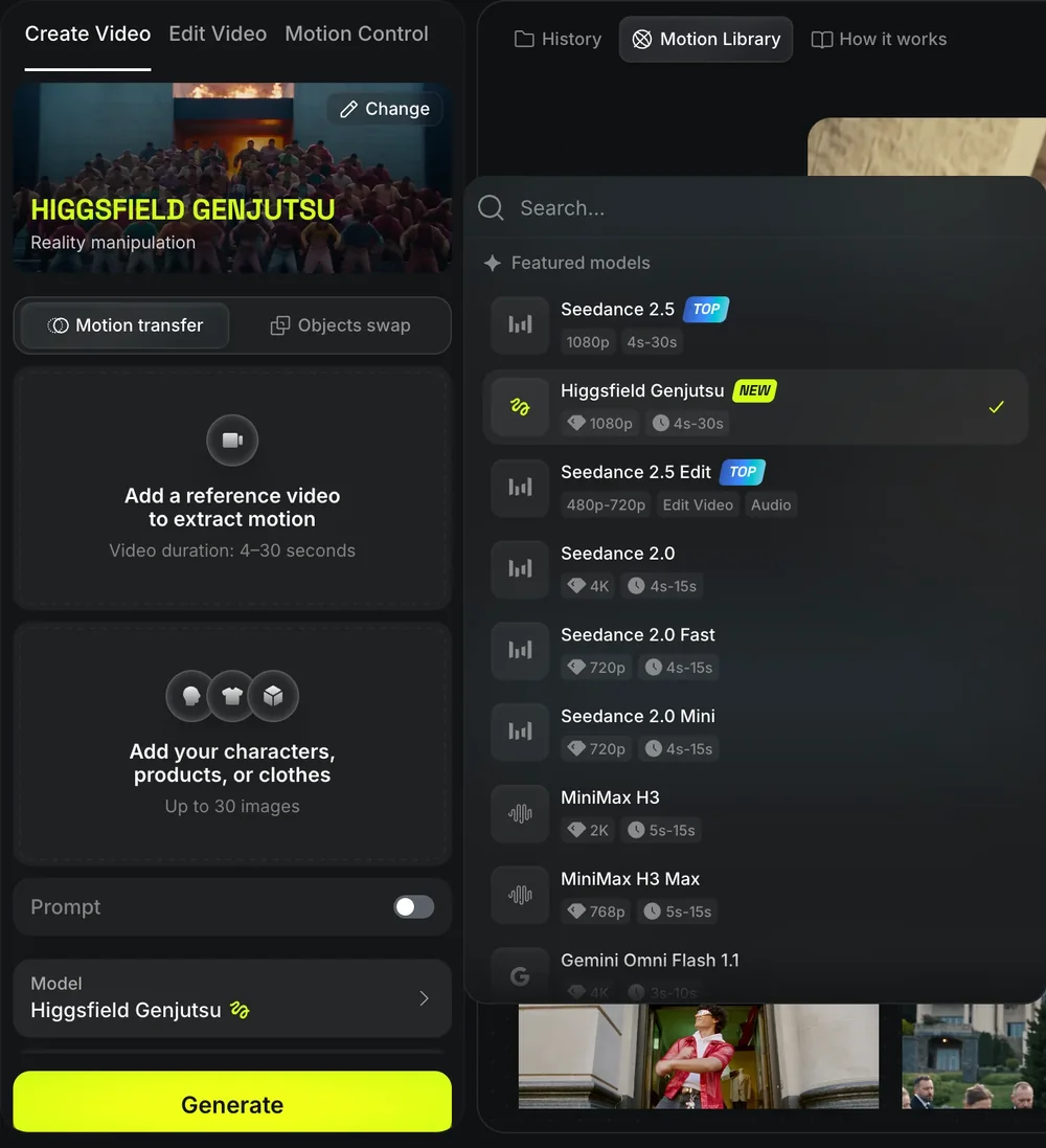 The Higgsfield model picker open inside Create Video, listing Seedance 2.5, Genjutsu, Seedance 2.5 Edit, Seedance 2.0, Fast and Mini variants, MiniMax H3 and Gemini Omni Flash with resolution and duration chips