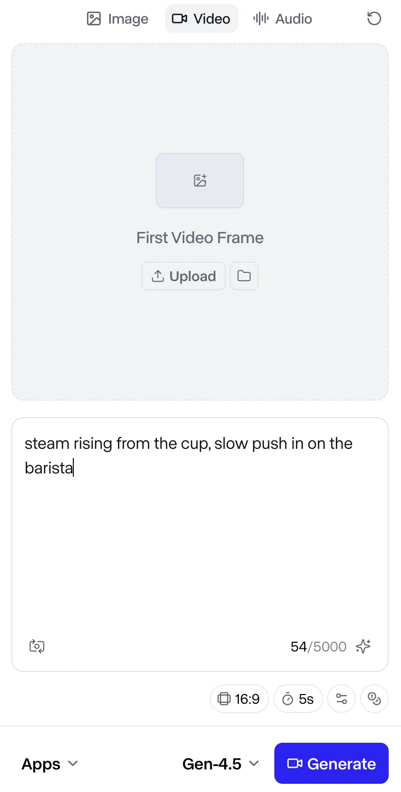 The Runway video generation panel: the first-frame upload area, a motion prompt typed in the prompt box, and the model selector set to Gen-4.5 with the Generate button
