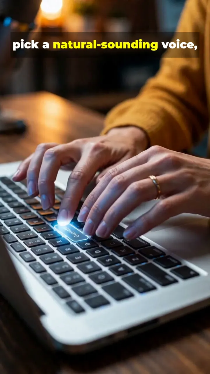 A frame from InVideo's Pro generative output: a cinematic close-up of hands typing on a glowing laptop with warm bokeh behind, captioned "pick a natural-sounding voice" — clearly higher production value than the stock tier