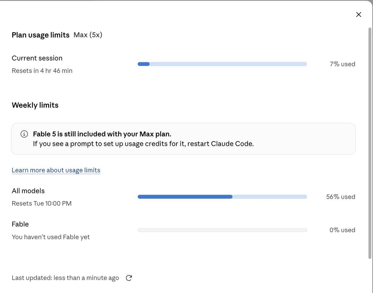 Claude Code Max 5x plan usage limits showing a session at 7 percent used resetting in 4 hours 46 minutes, alongside a weekly all-models limit at 56 percent used resetting Tuesday at 10pm