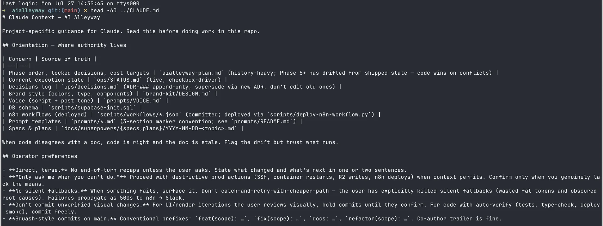 The first 60 lines of a real CLAUDE.md file, showing a table of which document is the source of truth for each concern, followed by operator preferences such as keeping replies terse and never adding silent fallbacks