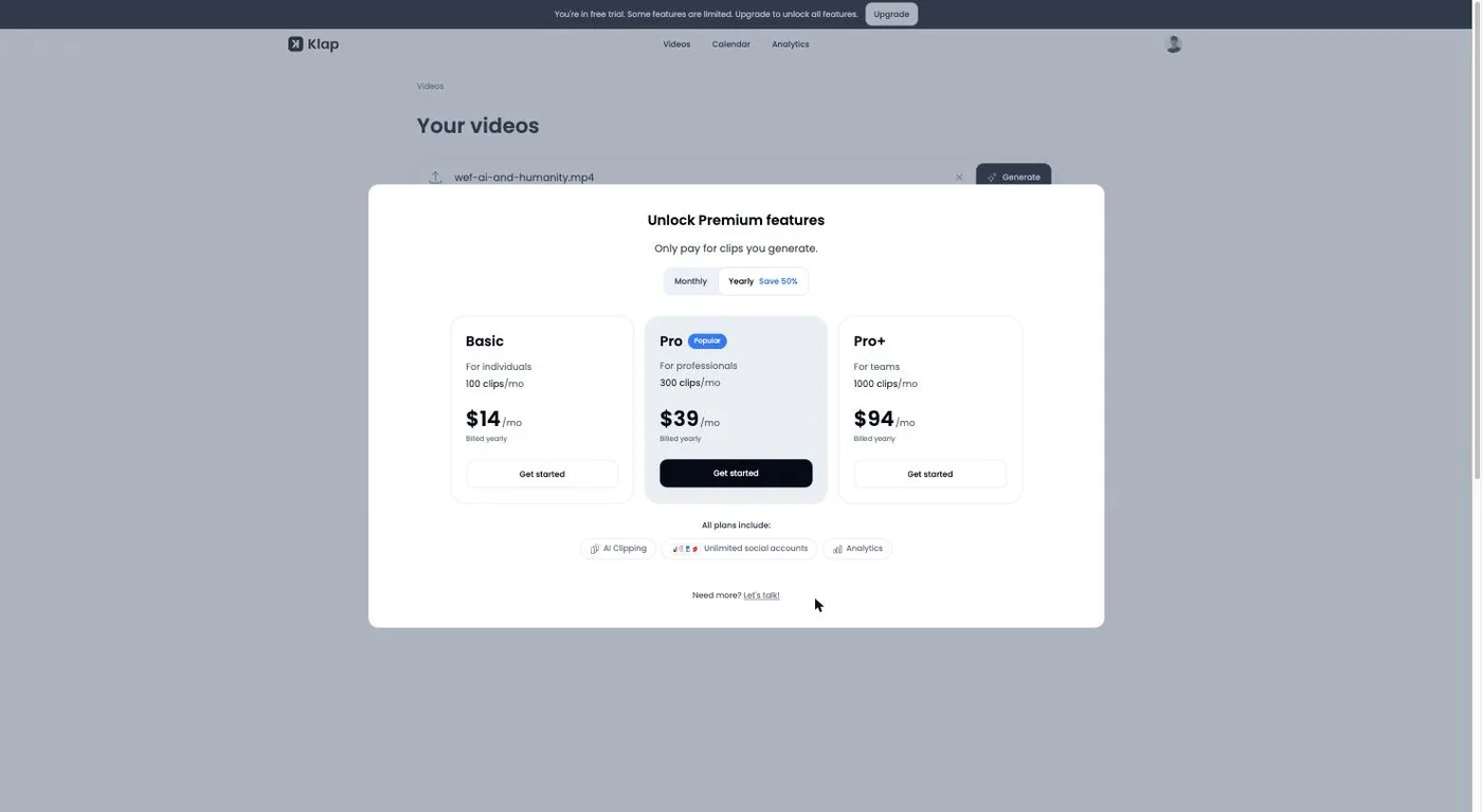 Klap's Unlock Premium features paywall over a fully uploaded 354MB file, showing Basic at $14, Pro at $39 and Pro+ at $94 a month billed yearly