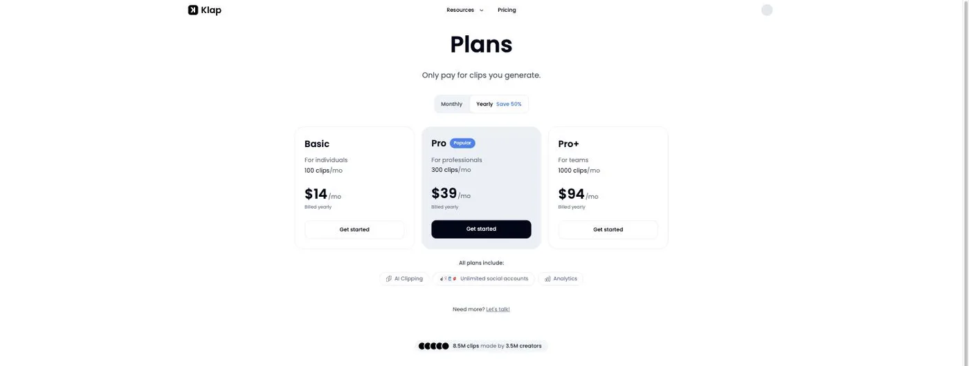 Klap's three pricing plans at $14, $39 and $94 a month billed yearly, sold in clips per month, with no free tier