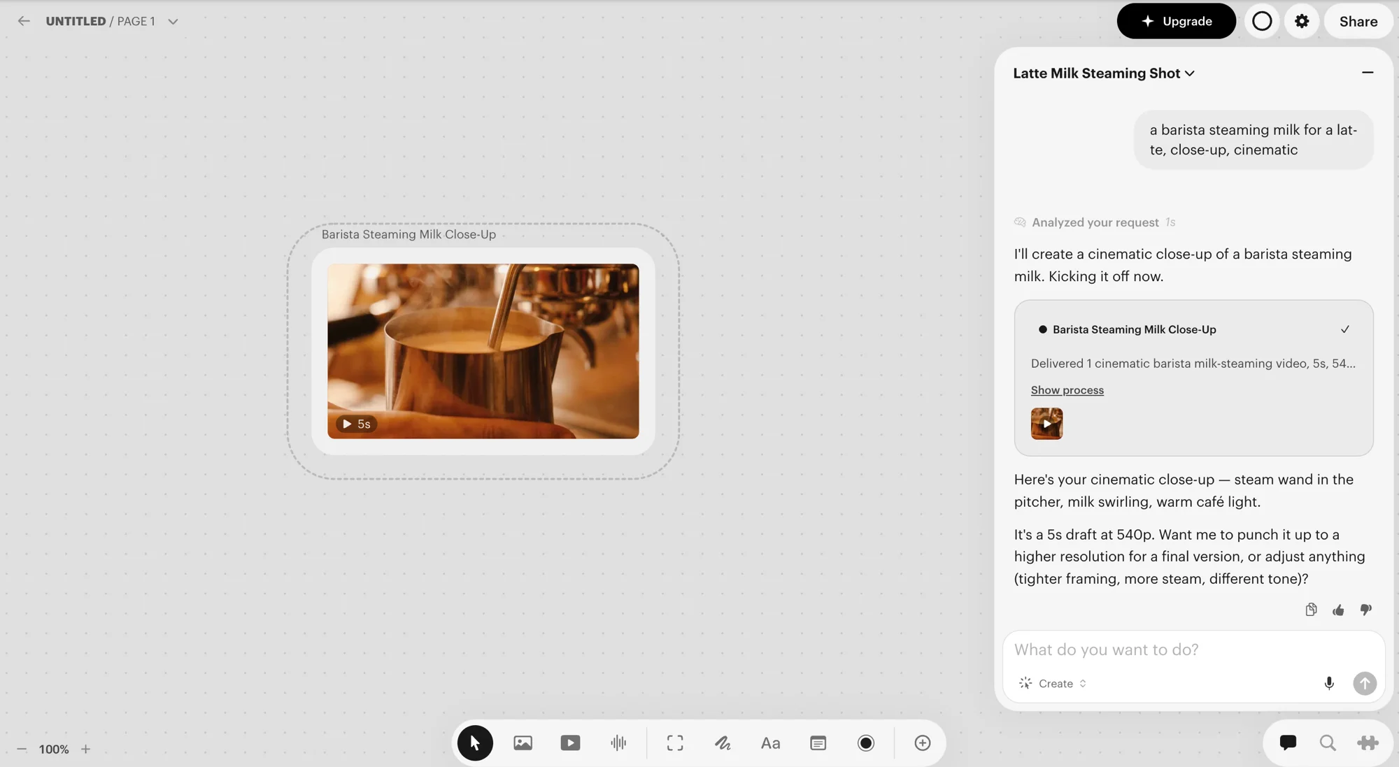 Luma AI Creative Agents board showing the agent's conversation and the finished 5-second barista clip on the canvas