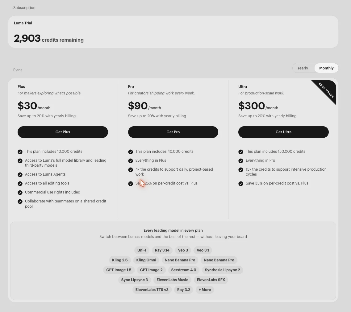 Luma AI pricing: the Trial, Plus, Pro, and Ultra plans with their credit allotments, plus the full model library