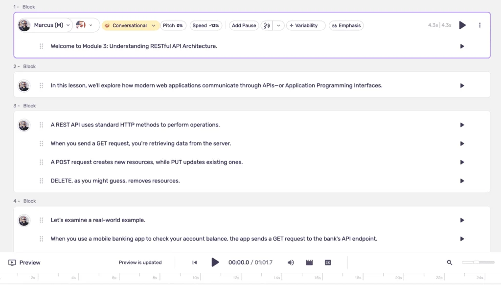 The Murf Studio editor: script on the left, voice and timeline controls on the right