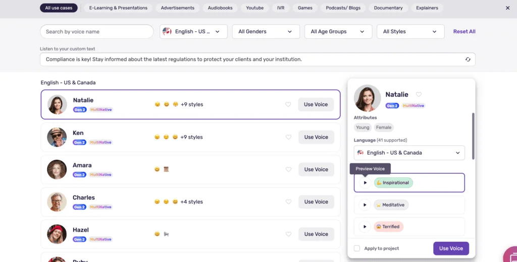 Murf's voice library, organized by language, style, and use case