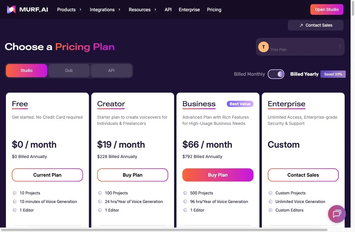 Murf AI pricing: Free, Creator $19/mo, Business $66/mo, Enterprise custom (annual view)