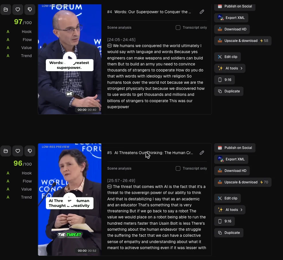 Two clips in OpusClip's list view, each showing a score out of 100 broken into A grades for Hook, Flow, Value and Trend, a source timestamp, a transcript segment, and an action row containing Export XML, Download HD and an Upscale & download option priced at 58 and 70 credits