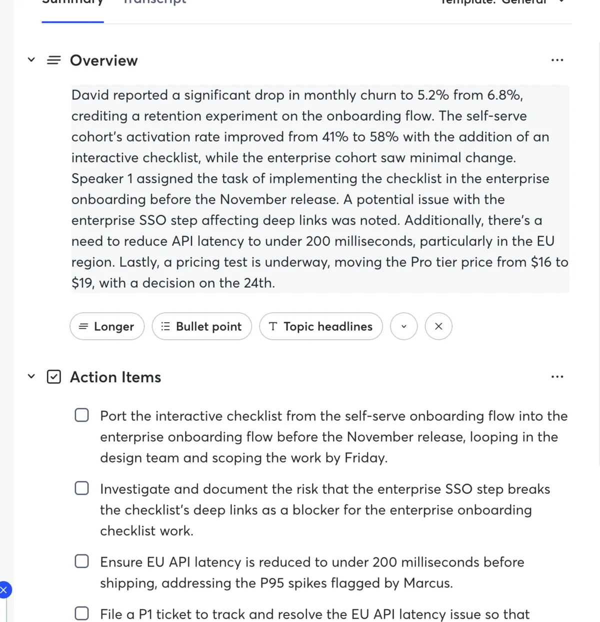 Otter's AI summary and auto-extracted action items from the test meeting