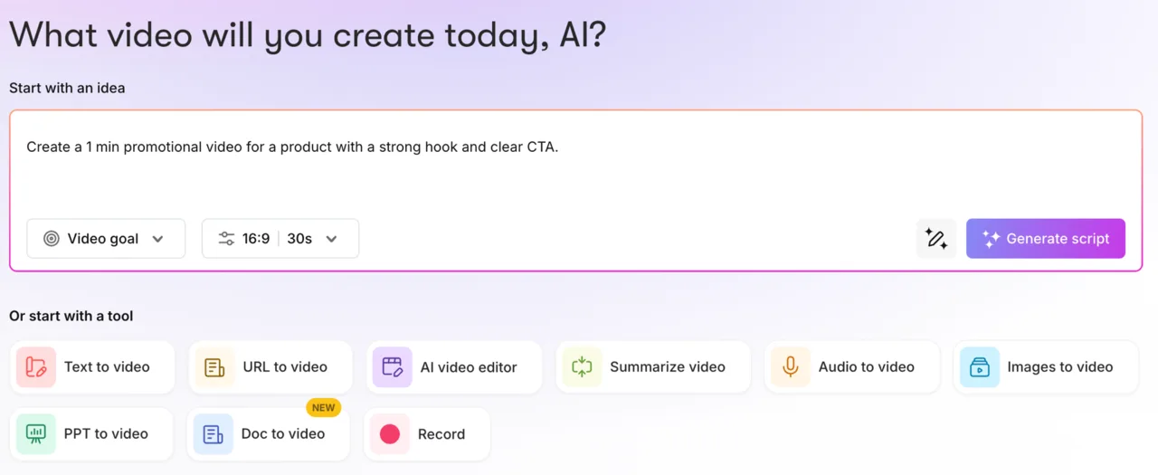 Pictory's home dashboard with its input tiles: text-to-video, URL-to-video, an AI video editor, summarize, audio, images, PPT, and doc-to-video