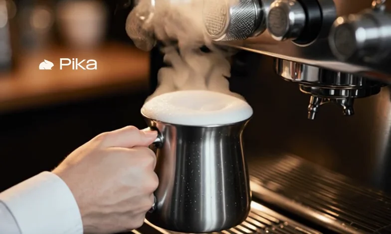 A frame from our hands-on Pika 2.5 test — a photorealistic barista steaming milk for a latte, with real steam, foam, and water beading on the steel pitcher; the free-tier "Pika" watermark sits in the upper-left corner