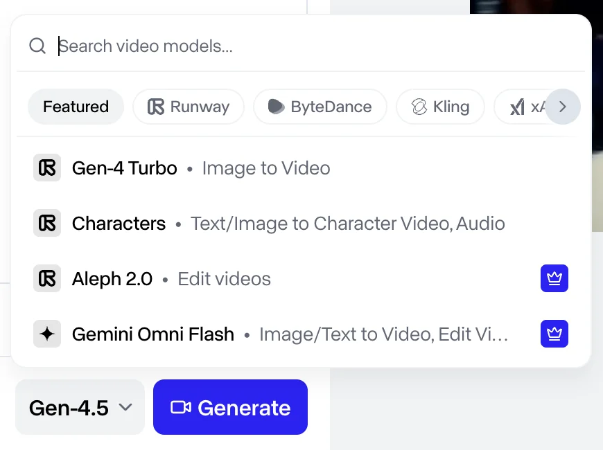 Runway video model dropdown showing Gen-4.5 alongside ByteDance Seedance, Kling, and other hosted models