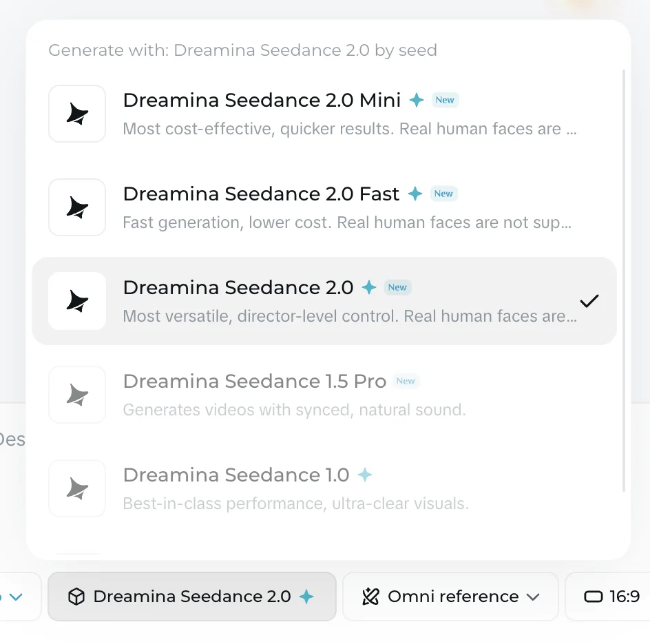Dreamina's Seedance model picker showing the 2.0, 2.0 Mini, 2.0 Fast, 1.5 Pro, and 1.0 variants with their descriptions