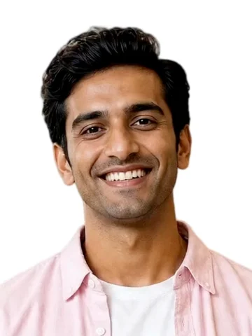 A still from the avatar video I generated on Synthesia's free plan: a clean, natural-looking presenter with a realistic smile on a plain white background