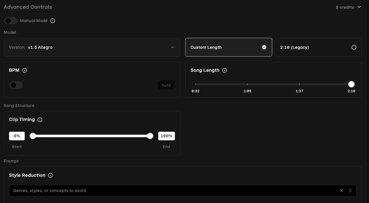 Udio's Advanced Controls panel on a free account: Manual Mode, model version v1.5 Allegro, a BPM toggle, a song-length slider with stops at 0:32, 1:05, 1:37 and 2:10, clip timing, a Style Reduction field, and the run's price of 8 credits in the header