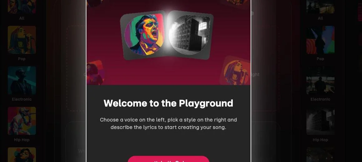 Udio's Playground: a column of voices on the left, styles on the right, lyrics described in the middle