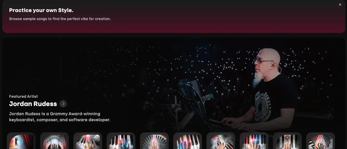 Udio's Styles page with Jordan Rudess as featured artist and ten of his styles listed