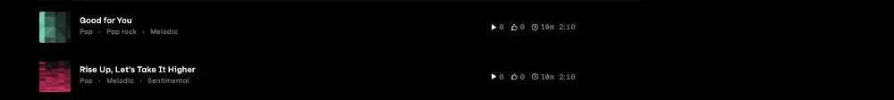 Udio's library showing the two tracks from one prompt, Good for You and Rise Up Let's Take It Higher, both exactly 2:10